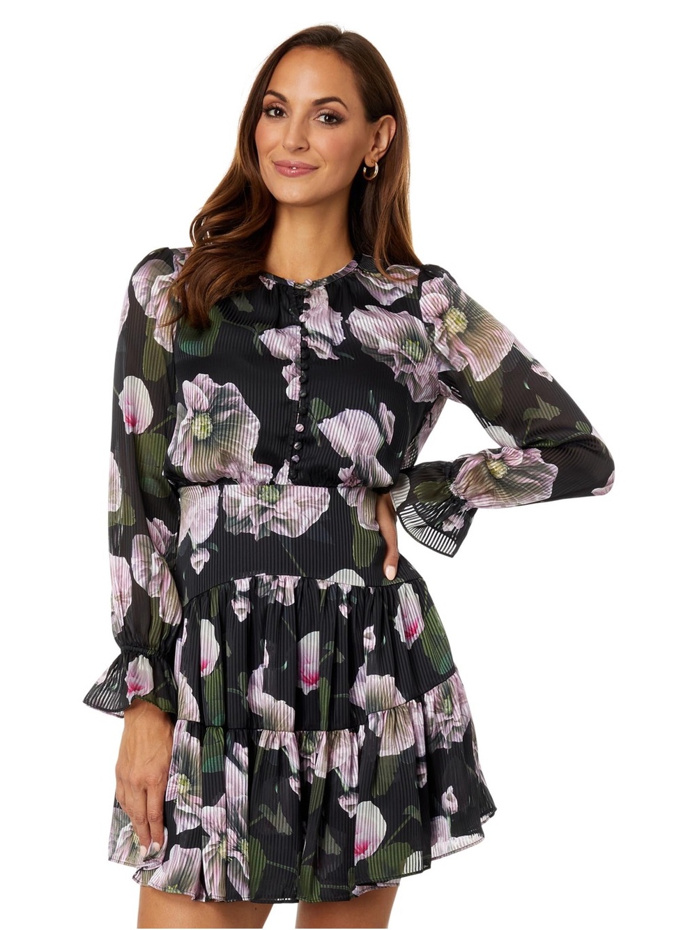 Ted Baker Yassley Long Sleeve Button-Up Tiered Mini Dress Black, US 8